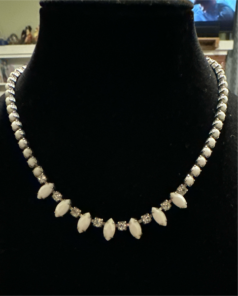 Milk Glass & Rhinestone Necklace