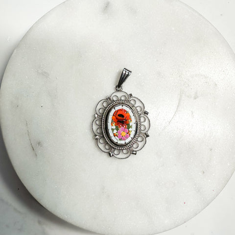 Vintage Italian Micro Floral Mosaic Pendant Necklace