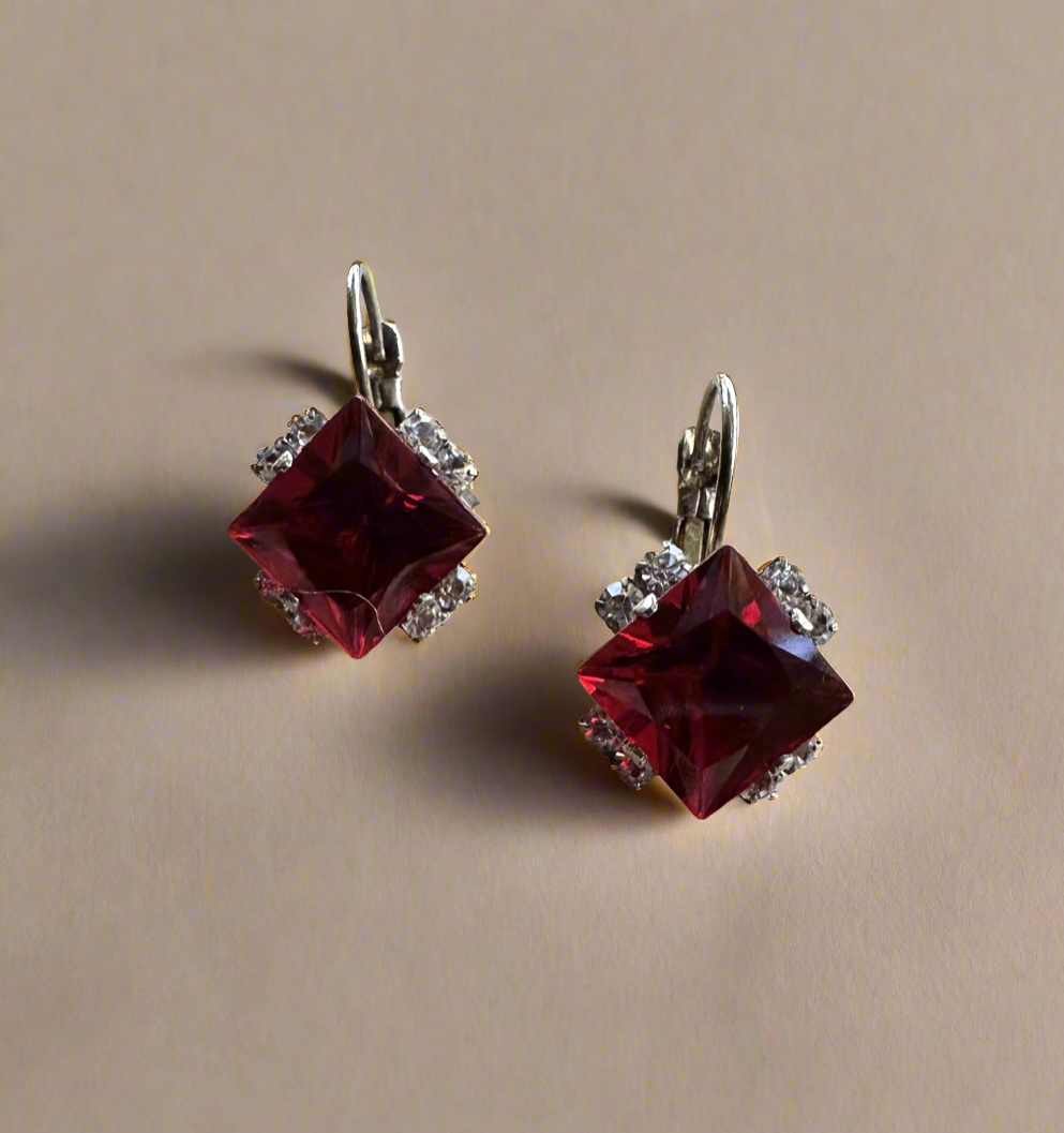 Red Rhinestone Leverback Earrings