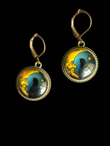 Antique Brass Lever Back Cat & Moon Earrings