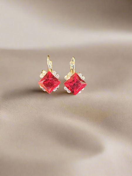 Red Rhinestone Leverback Earrings