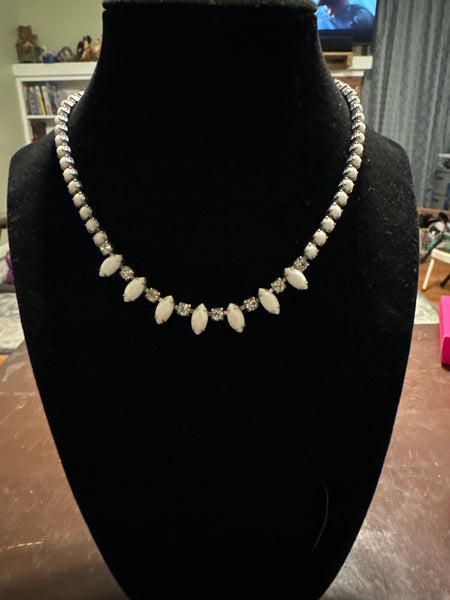 Milk Glass & Rhinestone Necklace