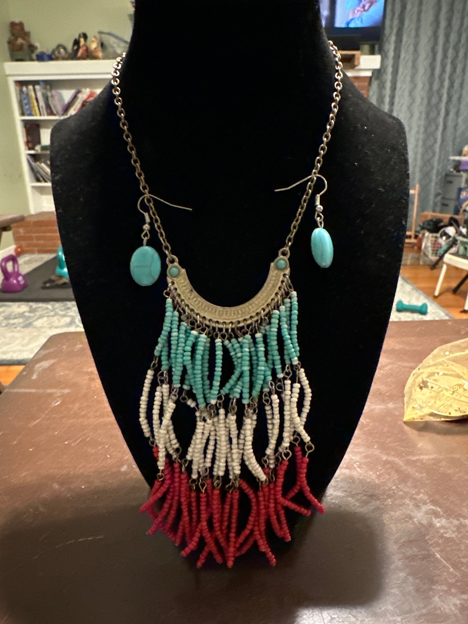 Boho Seed Bead Necklace with Faux Turquoise Earrings