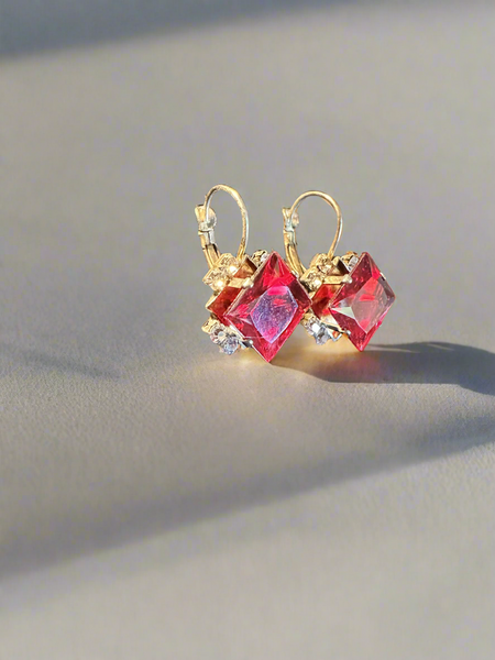 Red Rhinestone Leverback Earrings