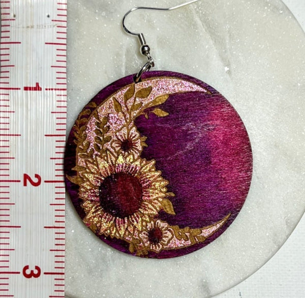 Burgundy Sunflower Crescent Moon Wood Statement Earrings