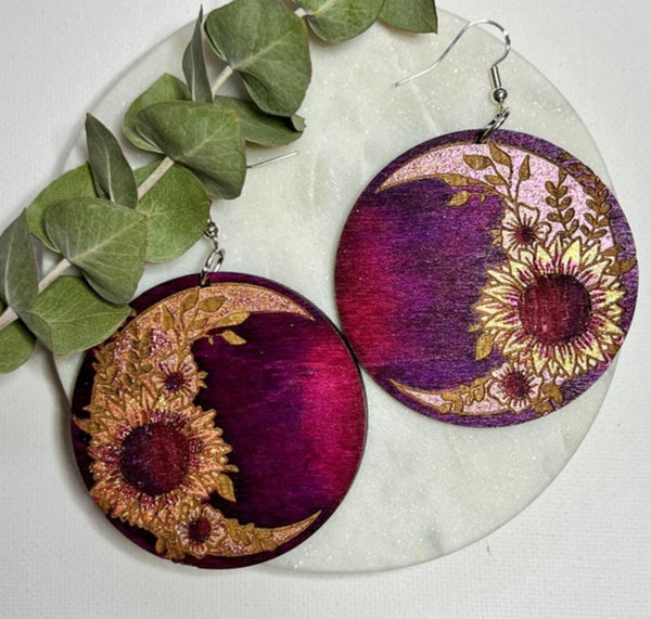 Burgundy Sunflower Crescent Moon Wood Statement Earrings