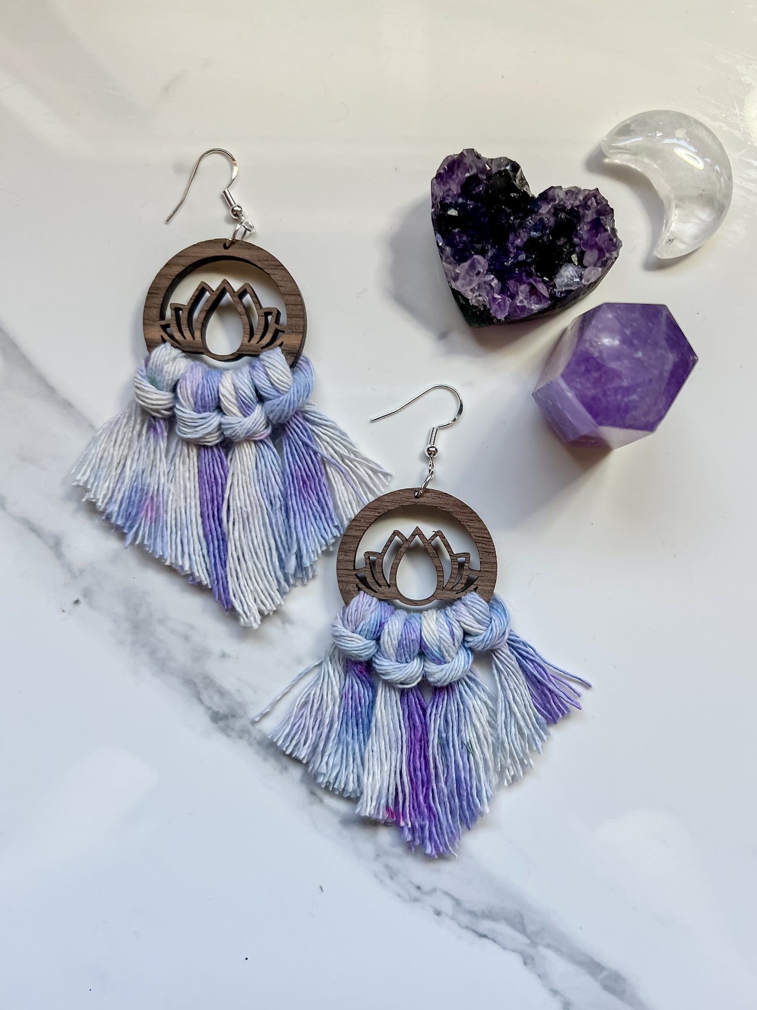 Lotus Tie-Dye Macramé Fringe Wood Earrings