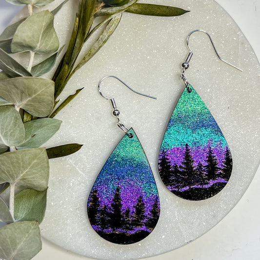 Northern Lights Wood Teardrop Earrings