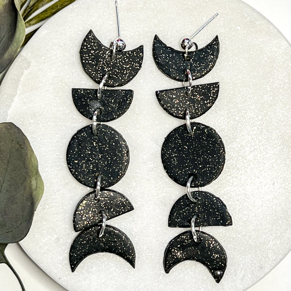 Black Glitter Clay Moon Phase Statement Earrings