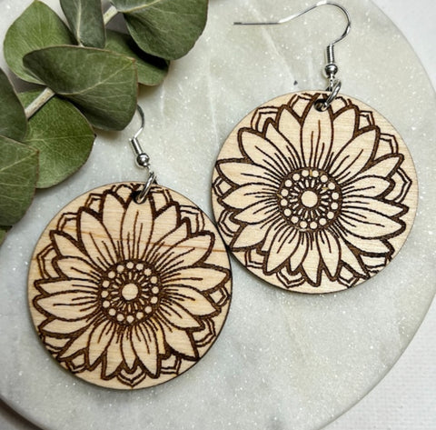 Birch Wood Sunflower Mandala Earrings