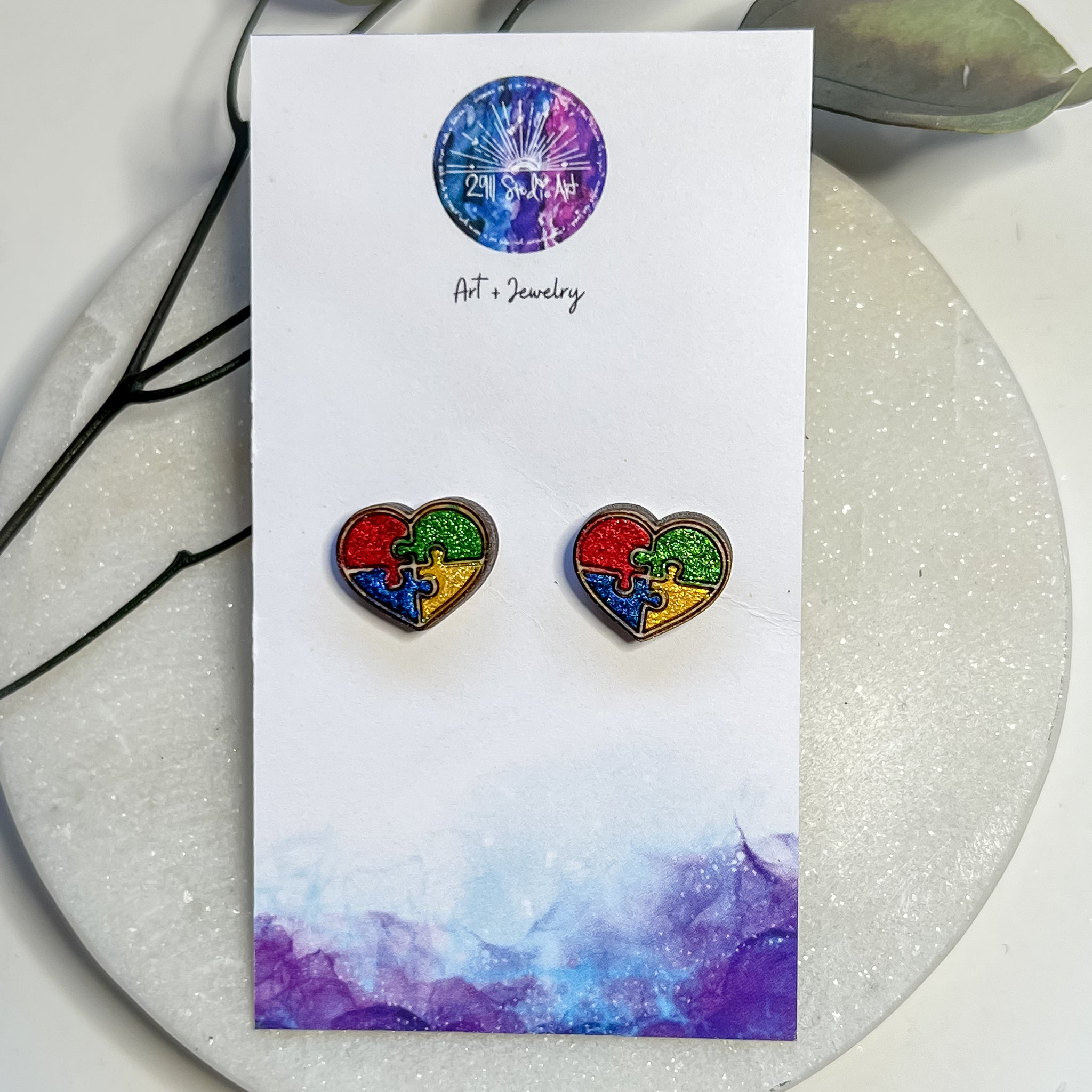 Autism Awareness Puzzle Wood Hearts Stud Earrings