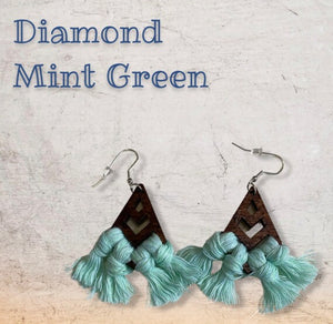 Mint Green Wood Diamond Macramé Earrings