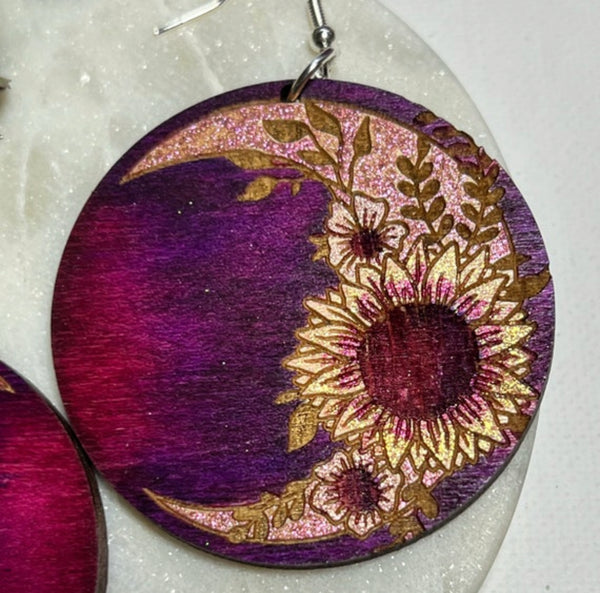 Burgundy Sunflower Crescent Moon Wood Statement Earrings