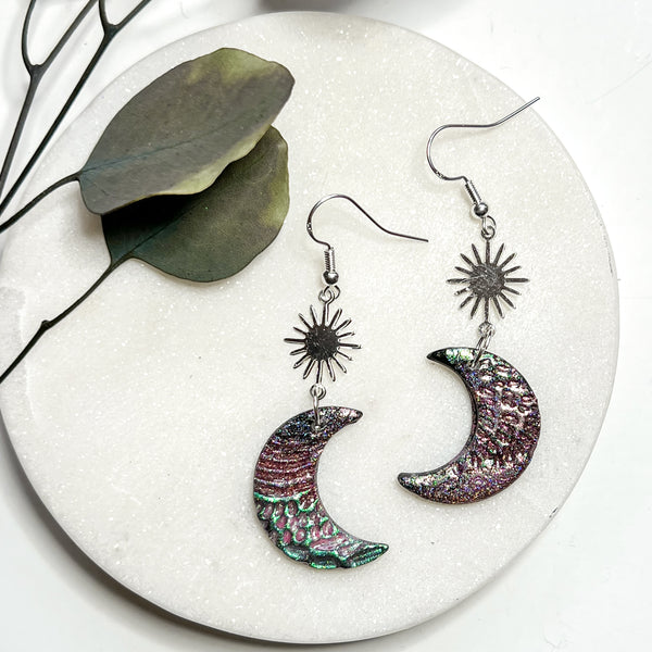Holographic Sunburst Moon Dangle Earrings