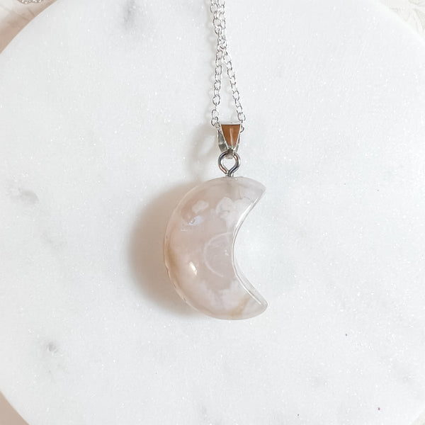 Flower Blossom Agate Puffy Moon Necklaces