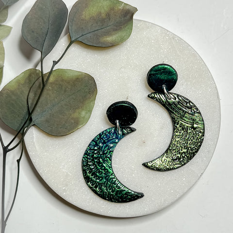 Green Color Shift Post Back Moon Earrings