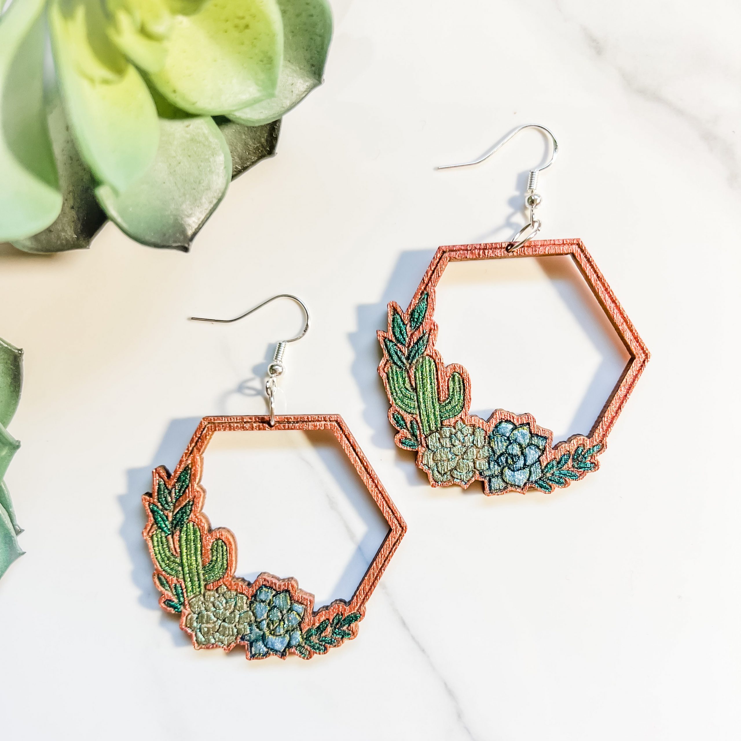 Hexagonal Cacti and Succulent Earrings
